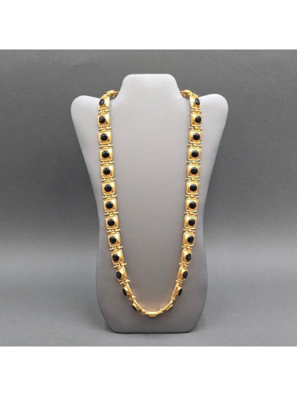 Victorian Revival Book Chain Statement Necklace 30" Gold Tone Black Glass